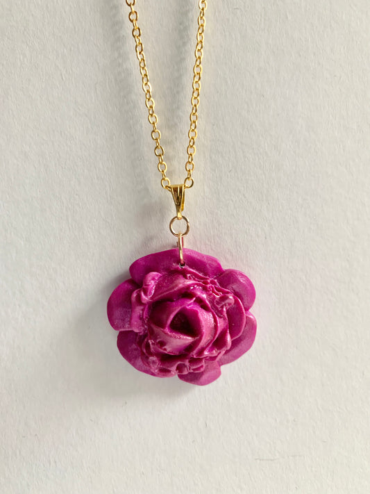 Rose Flower Handmade Polymer Clay Necklace - Pink sheen , Blue sheen