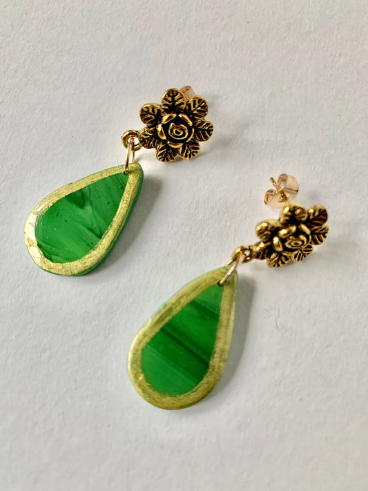 Green Mix Leaf shaped Handmade Polymer Clay Earrings